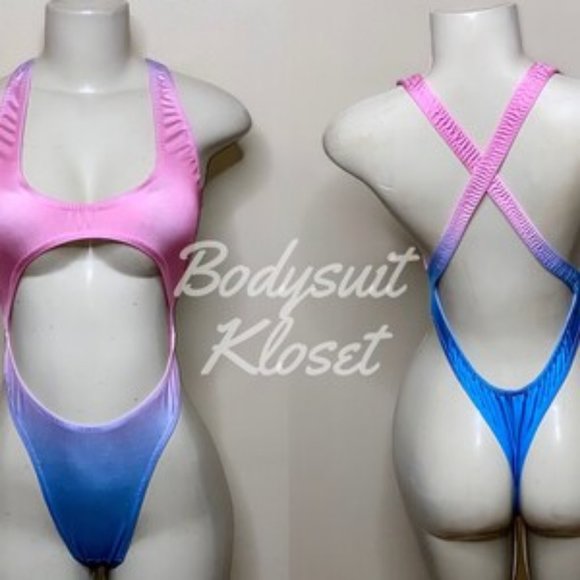 Handmade Blue Pink Ombre Crossback Thong Bodysuit - Picture 1 of 2